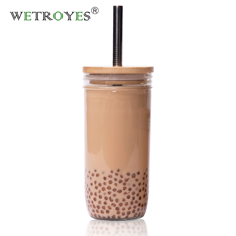 22/24OZ Glass Cup With Bamboo Lid And Straw Transparent Bubble Tea Cup  Juice Glasses Beer