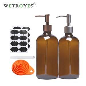 Empty 8oz 16oz Amber Round Glass Bottles for Shampoo with Pump Lid