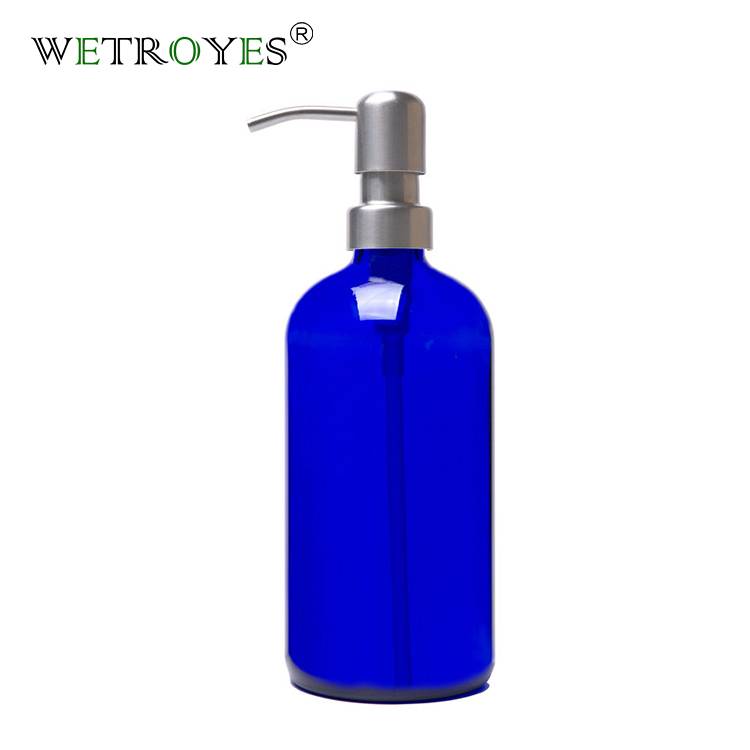 8oz 16oz Blue Boston Round Glass Bottle with Stainless Steel Lotion Pump Featured Image