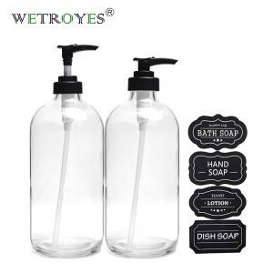 Round Boston Bottle Shampoo Bottle with Pump Lid Refillable Empty Clear