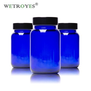 Factory Price 120cc Cobalt Blue Glass Packer Bottle with Black Ribbed Lid