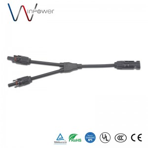 y-splitter 1 ទៅ 2 ខ្សែបន្ទះស្រូបពន្លឺព្រះអាទិត្យ IP67 Wire Pv Parallel Connector male to 2 women harness
