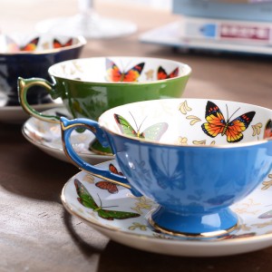 Taza de té negro británico, taza de café europea, té clásico de la tarde, pequeña mariposa, taza de té china de hueso dorado