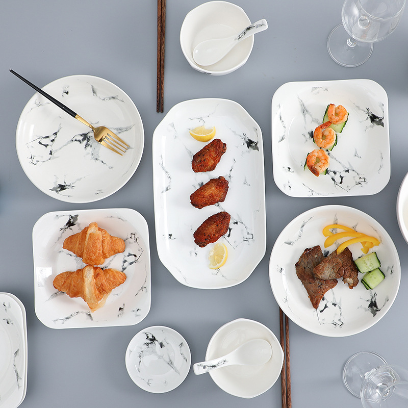 Nordic Marbling taċ-ċeramika Oġġetti tal-mejda Home Breakfast Bowl Dish & Plate Set Dehru Image