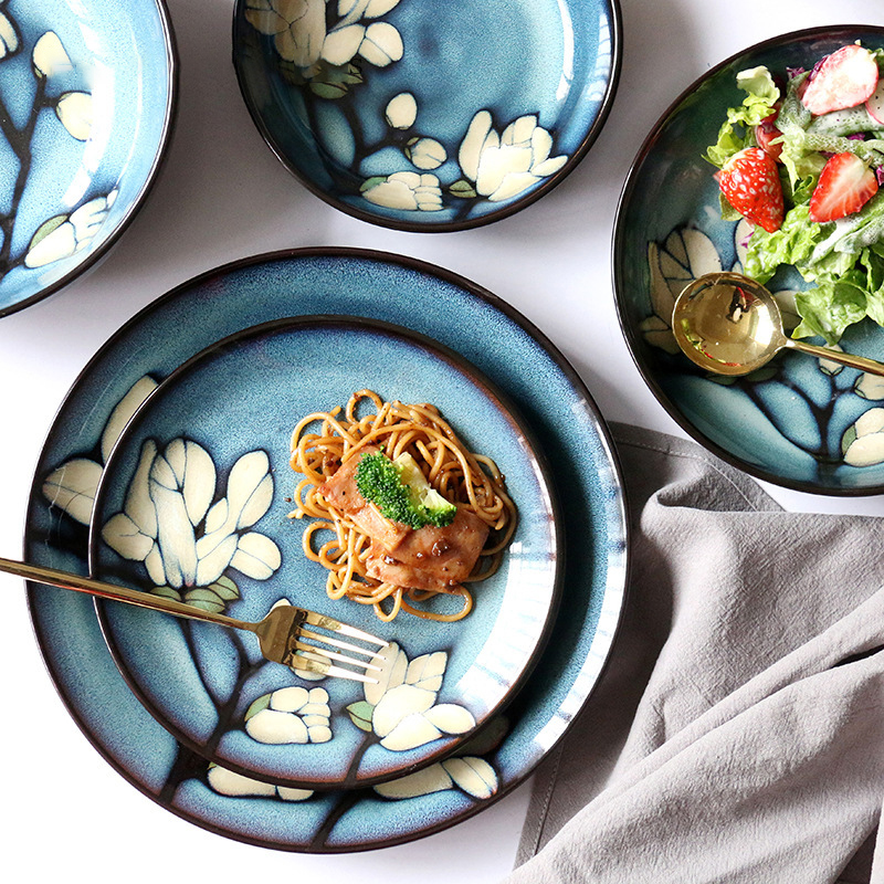 नयाँ जापानी सिरेमिक टेबलवेयर हातले चित्रित गहिरो वर्ग डिश सूप बाउल डिनरवेयर विशेष छवि