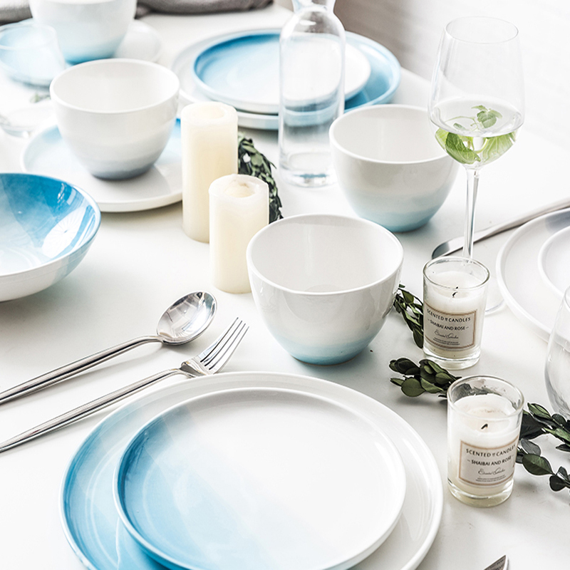 नॉर्डिक ग्रेडियन्ट नीलो रंग सिरेमिक प्लेट बाउल कप सेट फल डिश प्लेट विशेष छवि