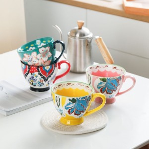 Hand Painted American Style Luxury Moroccan Coffee Mug Saucer Set with white Handel Ceramic Cappuccino Afternoon Tea Mug 480ml