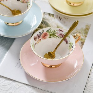Ceramic coffee cup set European exquisite golden rim color glazed coffee cup and saucer afternoon tea cup flower tea cup