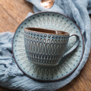 Klasikinis keramikinis kavos reljefinis kavos puodelis lėkštė Vintage Latte puodelis Latte Art kavos puodelis Porcelianinis pusryčių pieno puodelis