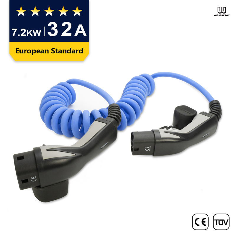 Câble EV (32A 1 phase 7.2KW) avec câble d'extension femelle à mâle de type 2 de 16 pieds / 5 m, câble de charge à ressort