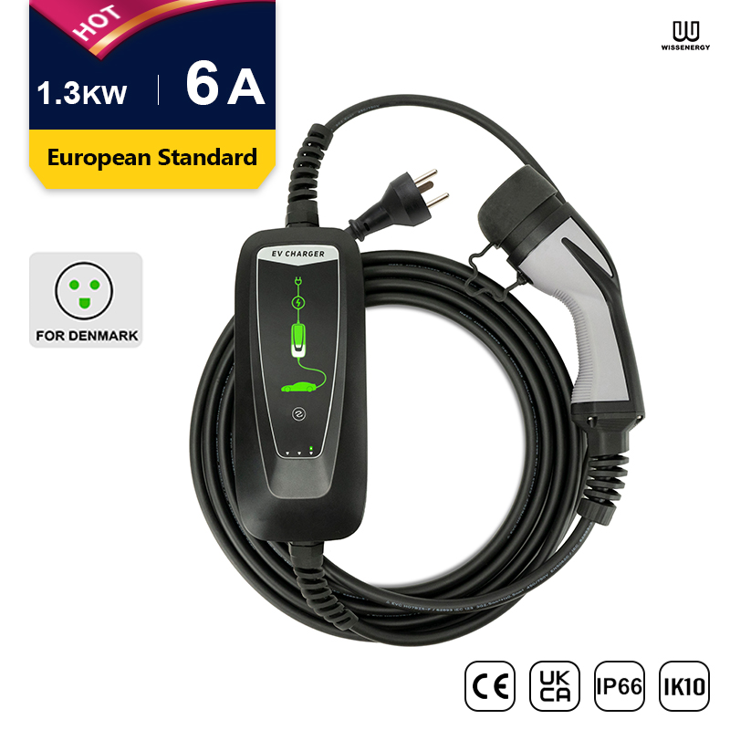 Chargeur portable Mode 2 EV (6A 1 Phase 1.3KW) Connecteur Danemark Type 1/2 (Câble 16ft / 5m)