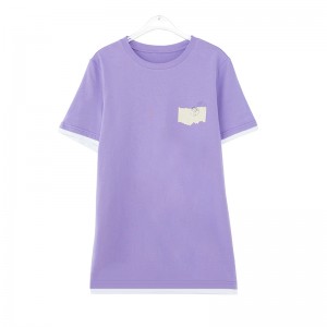 Niestandardowa koszulka z bawełny organicznej, fioletowa, miękka, damska, z okrągłym dekoltem. Ciężka koszulka z zaokrąglonym brzegiem