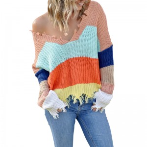 ebay transgraniczny e-commerce dostawa bezpośrednia postrzępiony sweter damski europejska i amerykańska leniwy wiatr dekolt w szpic przeszycia w paski kontrastowy kolor postrzępiona dzianina