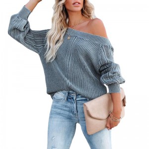 Cross-border 2021 European at American Women's Amazon New Solid Color Loose V-neck Lantern Sleeve Long-sleeved Knit Shirt My1029