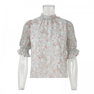 2022 Floral Chiffon blouses Dharka xagaaga ee haweenka 100% Polyester-ka shaararka gacmo-gaaban ee sare