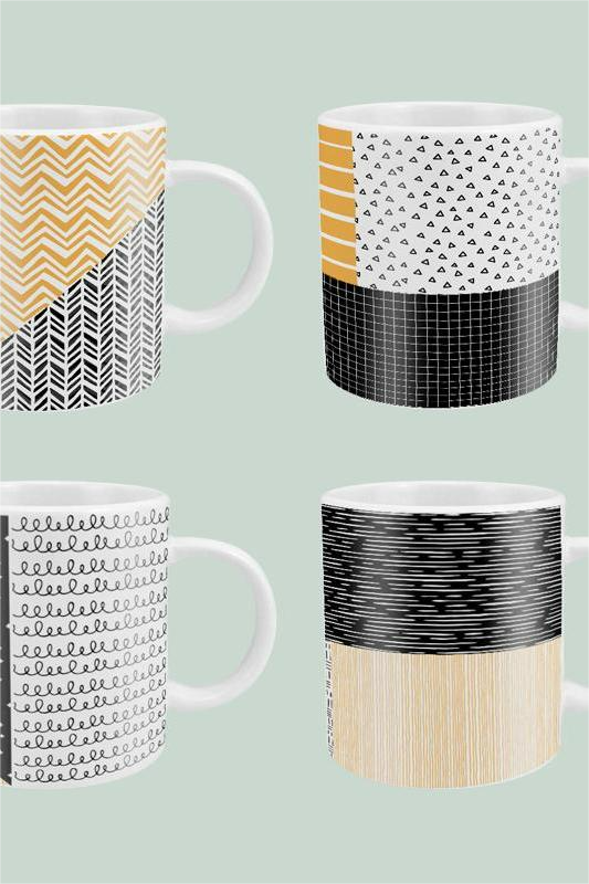 现代极简主义图案风格的四套马克杯