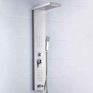 Vannas sienas stiprinājuma dušas paneļu sistēma, nerūsējošā tērauda dušas ekrāns, 5 funkciju nokrišņi, ūdenskritums, rokas duša, matēta niķeļa apdare