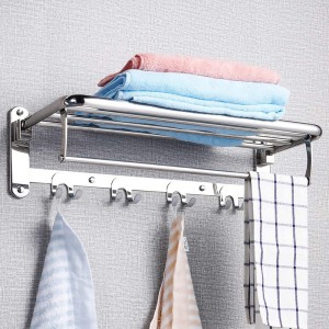 Skládací věšák na ručníky do koupelny nástěnný, s háčky na ručníky a nastavitelnou tyčí na ručníky, nerezový držák ručníků 304, chrom