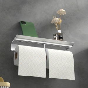 Double Toilet Paper Holder with Phone Shelf Roll Paper Dispenser with Shelf Polished Space Aluminum Toilet Tissue Roll Holder