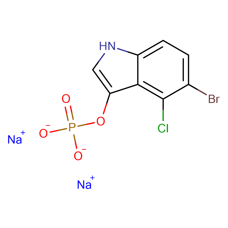 5-Bromo-4-chloro-3-indolyl phosphate disodium nnu Cas: 102185-33-1 White na-acha ọcha na ìhè ude tinge crystalline ntụ ntụ.