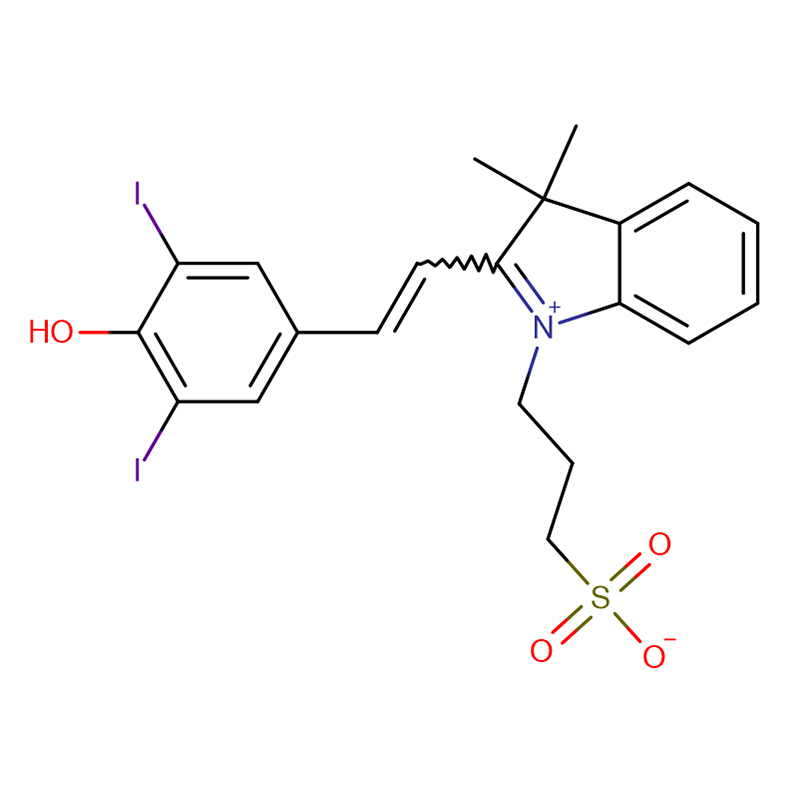 2- [2-(4-हाइड्रोक्सी-3,5-डायोडोफेनिल) इथिनाइल]-3,3-डाइमथाइल-1-(3-सल्फोप्रोपाइल)-, भित्री नुन CAS:145876-11-5