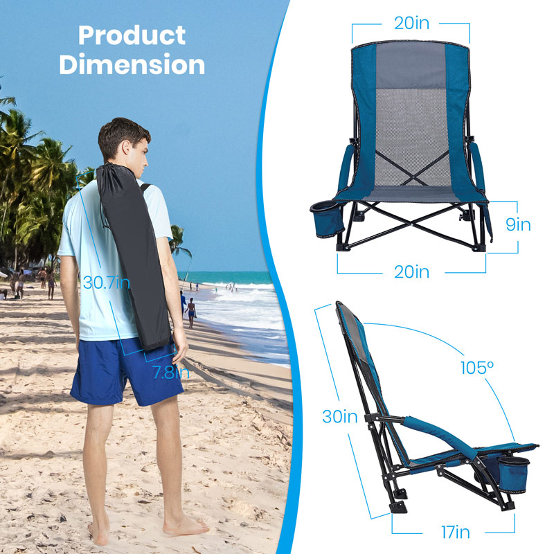 Low Seat Lightweight Folding Beach Chair with High Back Mesh Back