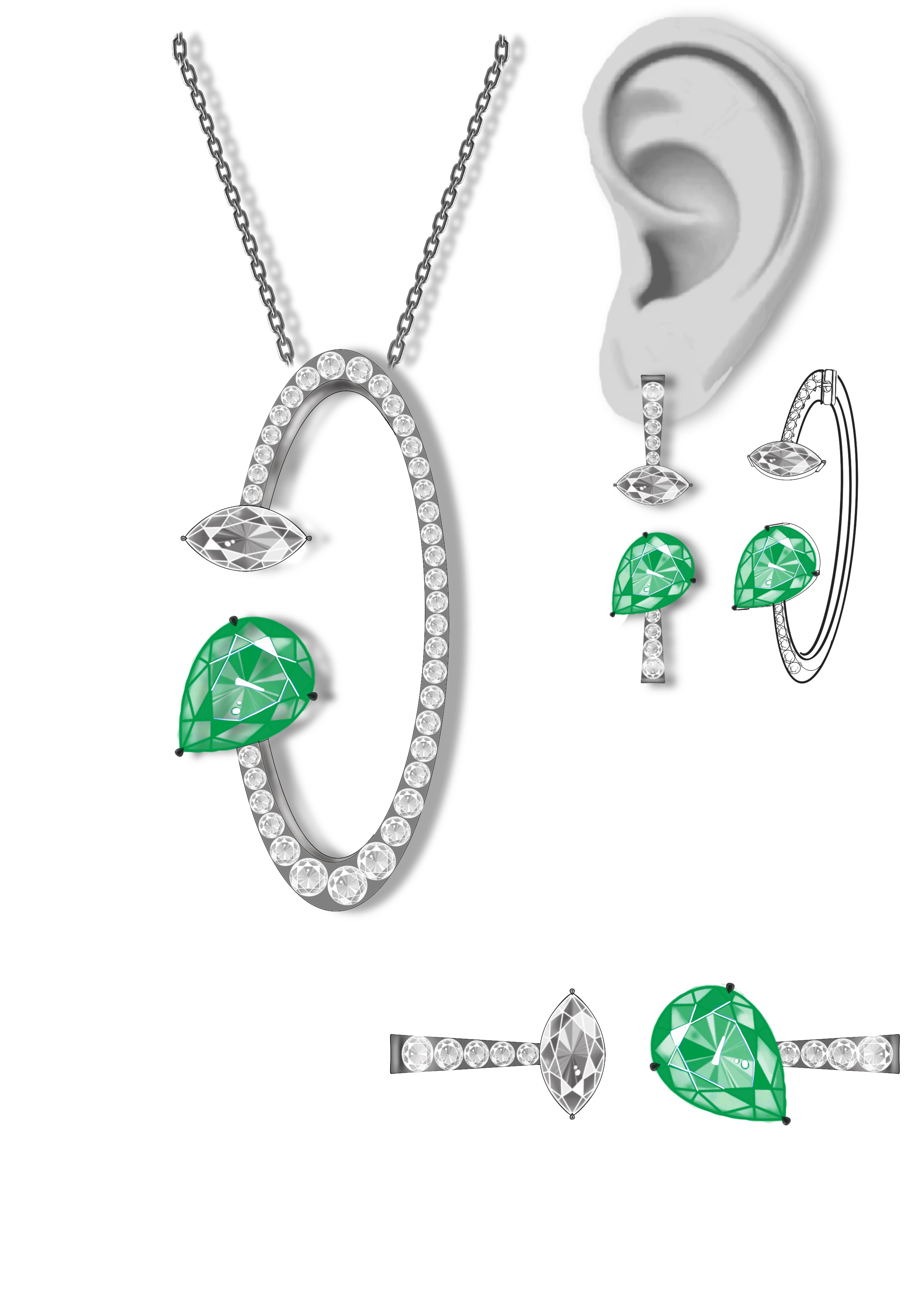 green zircon open style circle pendent hoop earring adjustable ring