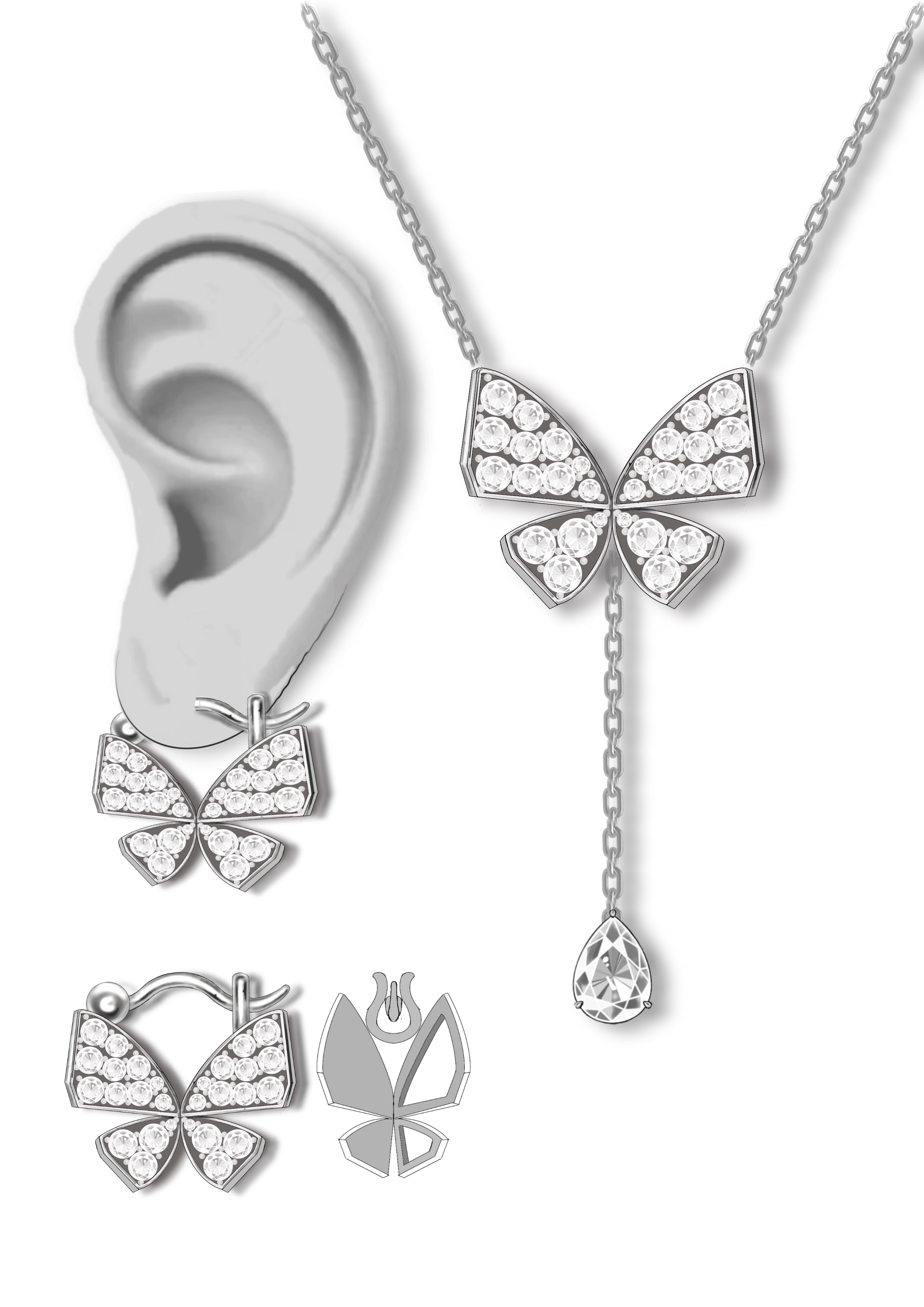 cz zircon 925 sterling silver butterfly earring necklace set