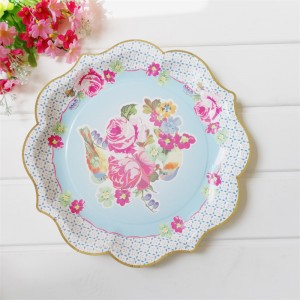 Fashion Design Wavy Hot Stamping Gold Edge Flower Printed Paper Charger Plate