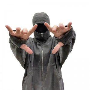 Custom high quality heavy weight acid washed hoodie oversize ninja zip up face cover hoodie for men