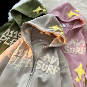 Wholesale 100% cotton Plus Sized mens hoodies sweatshirts full zip up 3d puff printing hoodie custom logo