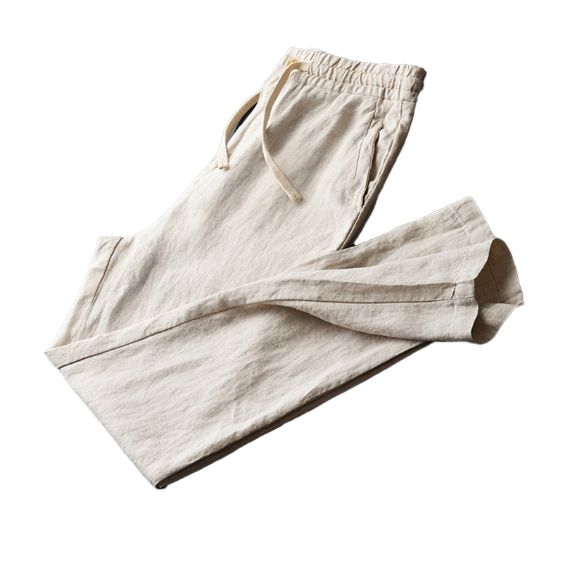 Прилагодено, лесни машки панталони со еластичен појас, 100% ленени памучни панталони