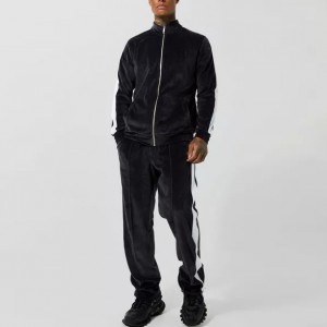 wholesale casual black velvet zip up slim fit winter warm tracksuit jacket and jogger sports sets men velour sweatsuit