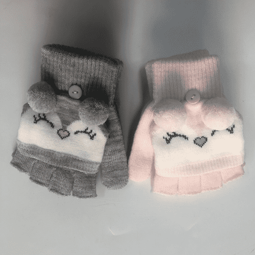 girl’s knitted fingerless gloves with pompoms and covering