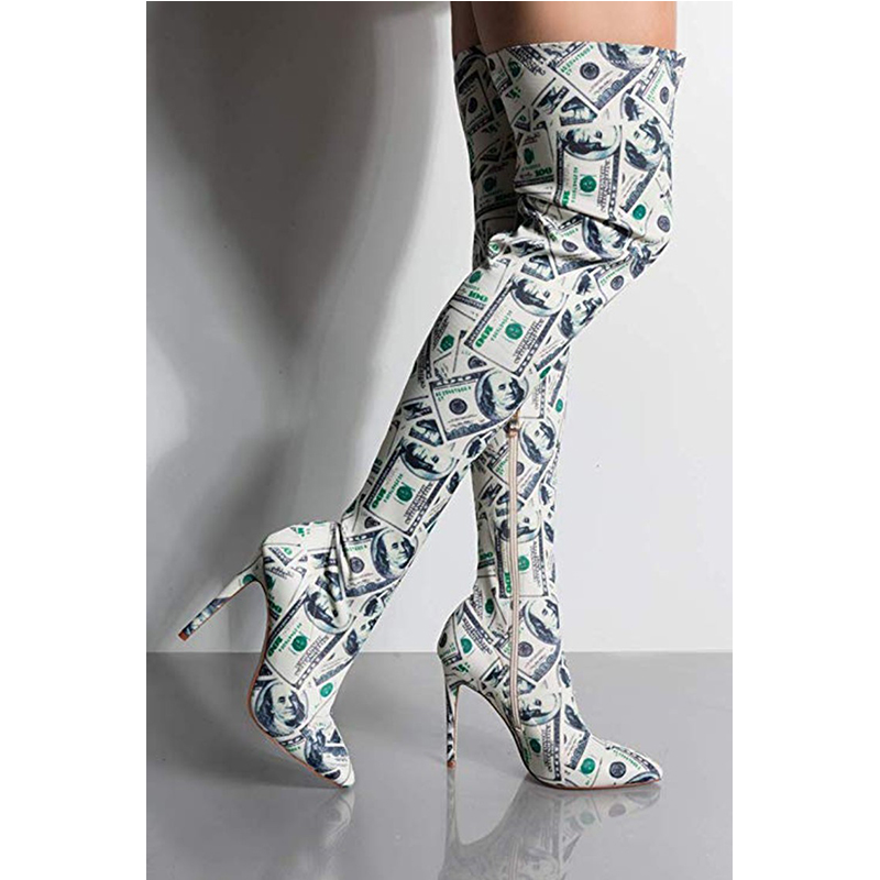 Wholesale and custom US dollar money print heel boots