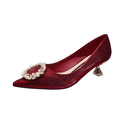 gaya Perancis fashion beureum heels tinggi kalawan rhinestone jeung hiasan bunderan satin sapatu kawinan