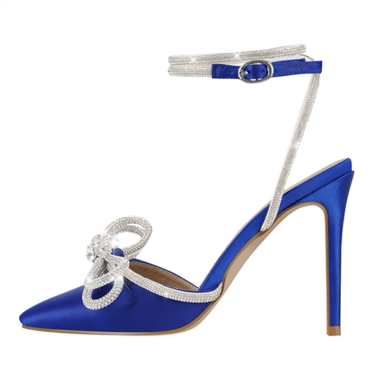 Gran oferta 2022, sandalias de tacón alto con lazo de cristal y punta estrecha, satén azul