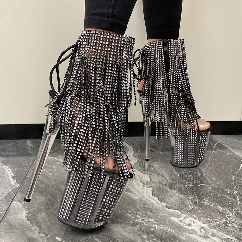 20-сантиметрови прозрачни обувки за нощен клуб с токчета и каишки, прозрачни диамантени обувки за танци на пилон