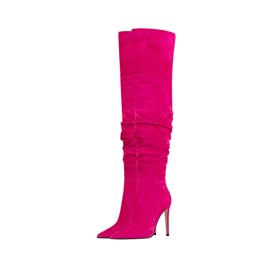 Maßgeschneiderte Overknee-Stiefel aus rosa und schwarzem Leder