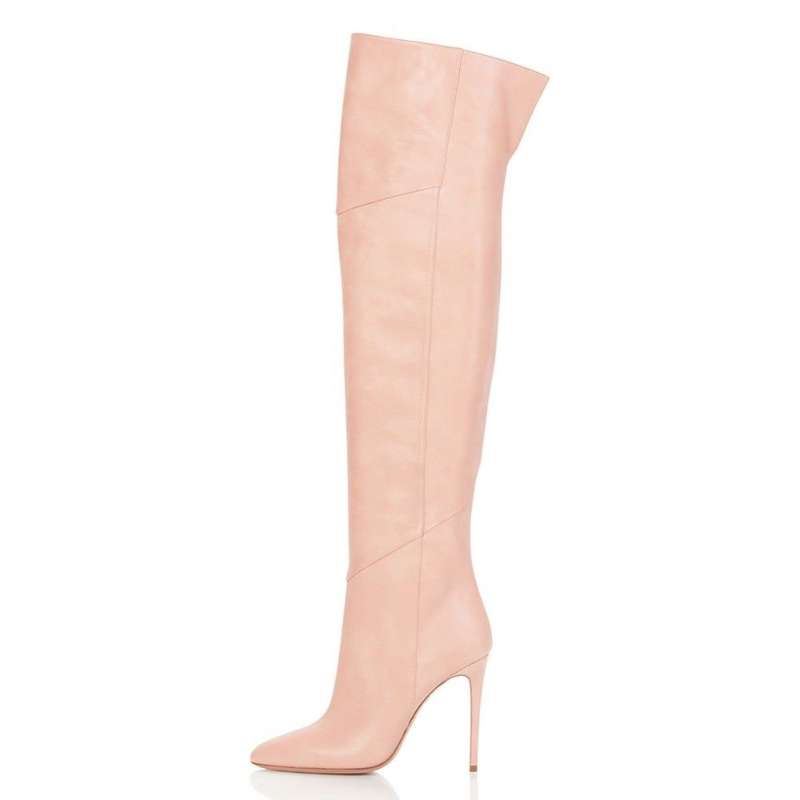Großhandel oberschenkelhohe Stiefel-Stiefel über dem Knie aus rosa Leder