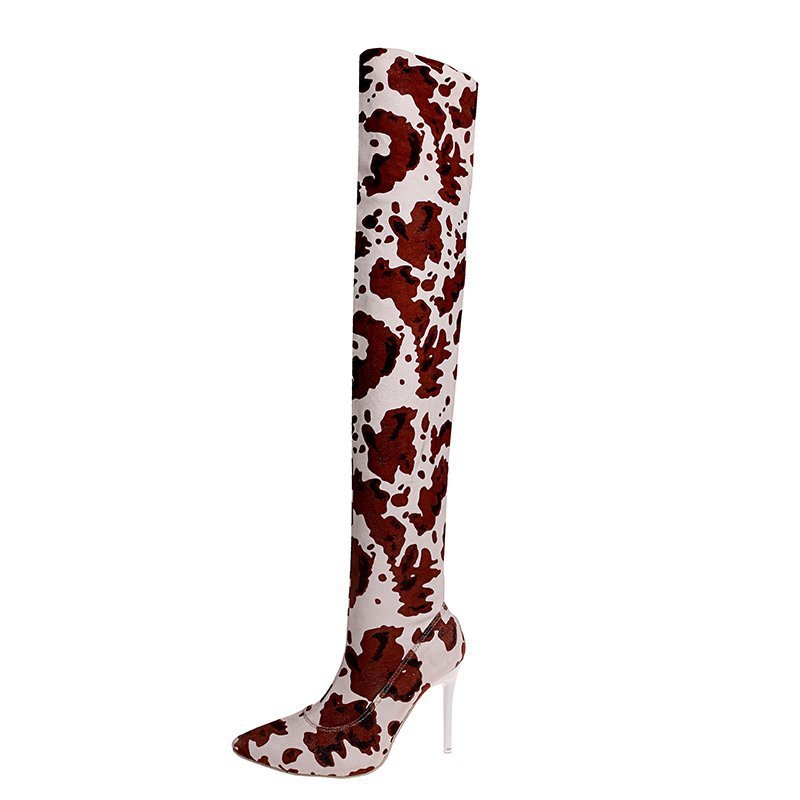 Winter Fashion Cow Print Sexy Pointed Toe High Heel Half-side Zip Over Knee High Boots Sexy Customized Big Size 45