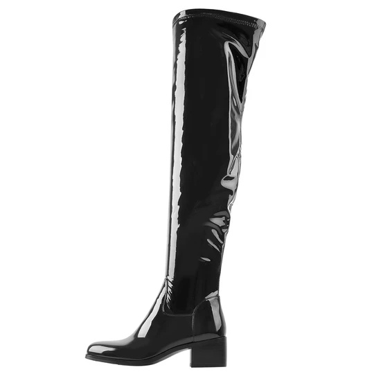 Reş Patent Çermê Knee High Boots