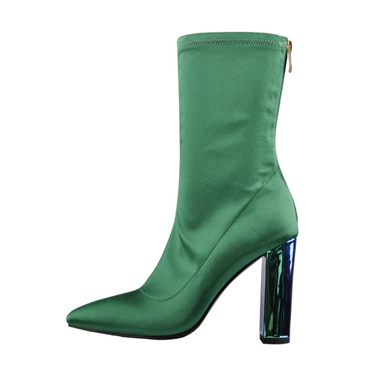 Breathable Pointed Toe Chunky Heels Green Ankle Boots