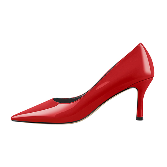 Kundenspezifisches Design aus rotem und farbigem Lackleder mit spitzer Zehenpartie und mittelhohem Absatz und Stiletto-Pumps