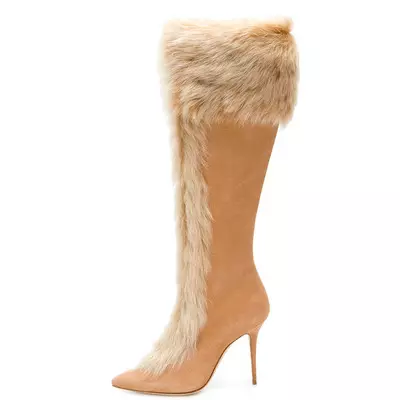 XINZIRAIN Custom rabbit fur pointed high heel long knee length boots