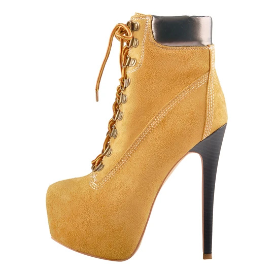 Yellow Platform Round Toe Lace-up Suede Ankle Boots