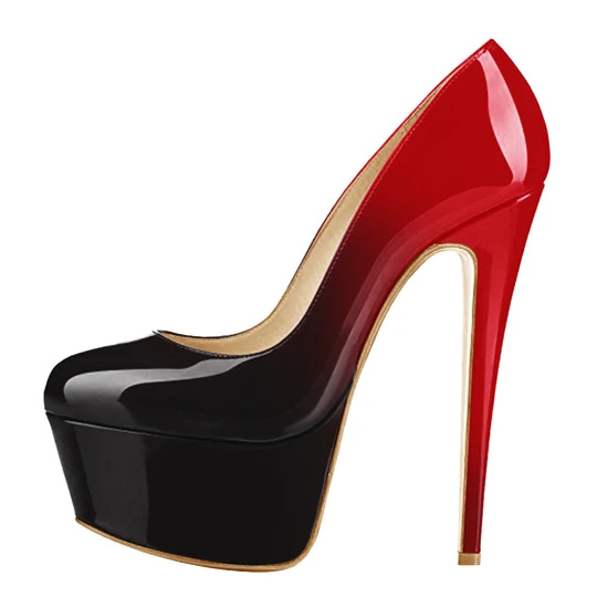 Черни, червени, градиентни лачени обувки с високи токчета с високи токчета с платформа и кръгли пръсти