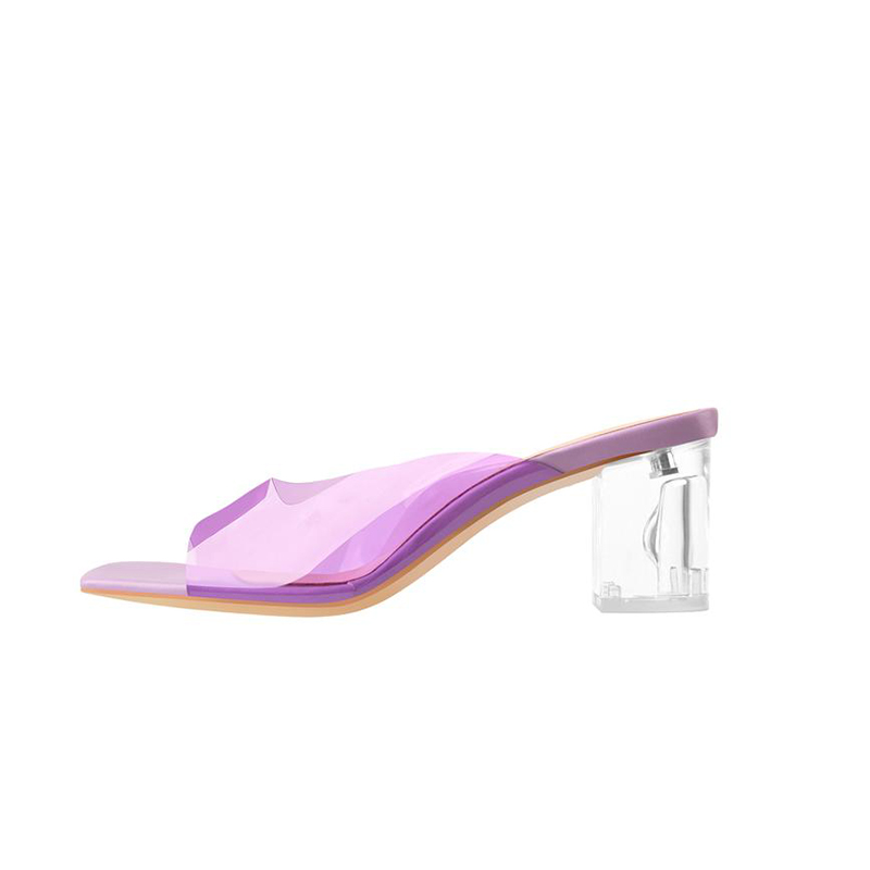 Vendita calda Fashion Design punta quadrata viola plastica trasparente trasparente sandali tacchi grossi
