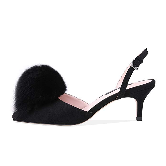 Wholesale custom back strap high heel pumps with black hair furry furball