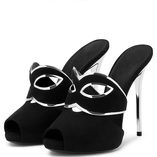 Suede silver heel sandals sexy Muller mask design party shoes